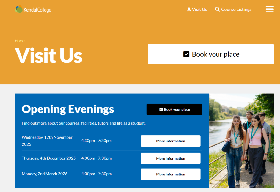 Screenshot of open days